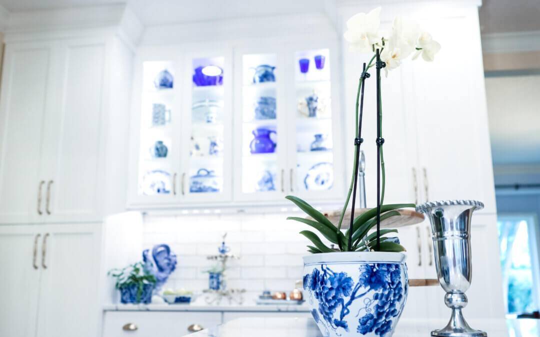 white cabinet shelves with blue and white china