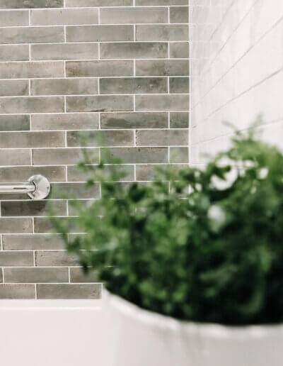 green potted plant in front of photo, image focused on background of silver handle bar above white tub on gray accent tiled wall